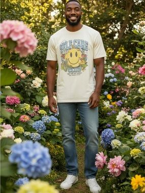 Daydreamer Self Care Club Smiley Face Tee with Light Blue and Yellow Print